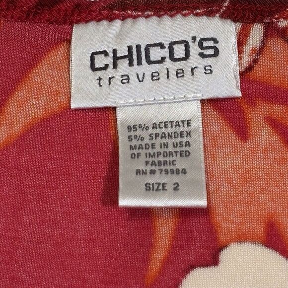 Chicos Travelers Size 2 Short Sleeve Top Red Floral Tropical Size Large Stretchy - Picture 6 of 7